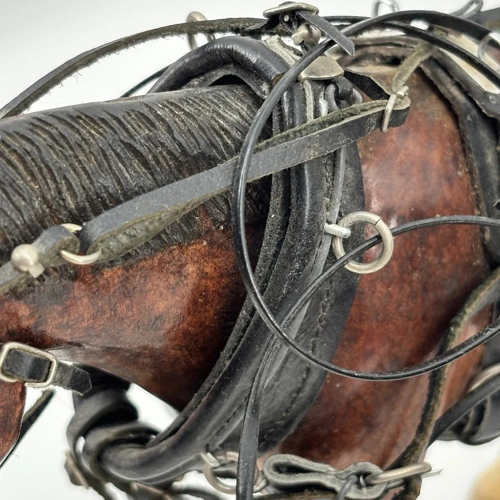 Rare Vintage Wooden Horses With Tooled Leather Bridle Reins Draft‎ Team